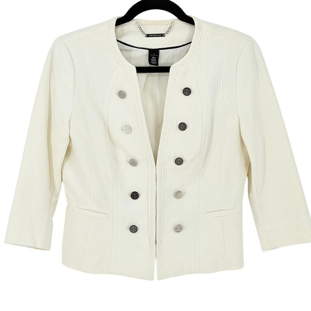 Womens White Military Band Jacket 3/4 Sleeve Size 6 Napoleonic Minimalist Chic